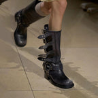 Leather Mid-Calf Buckle Harness Boots with Block Heel
