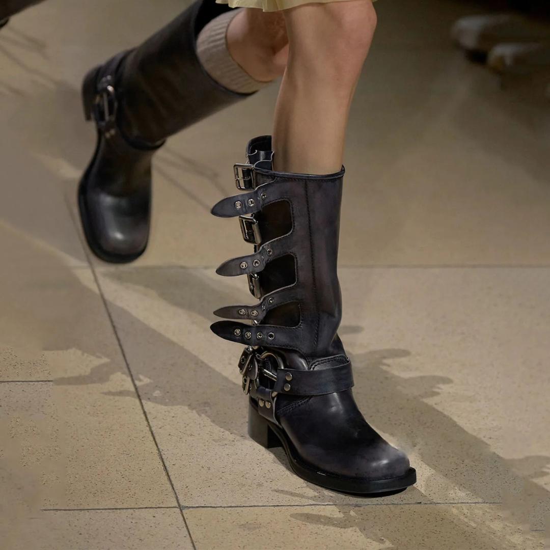 Leather Mid-Calf Buckle Harness Boots with Block Heel