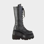 Black Vegan-Leather Mid-Calf Mid-Heel Platform Motorcycle Boots