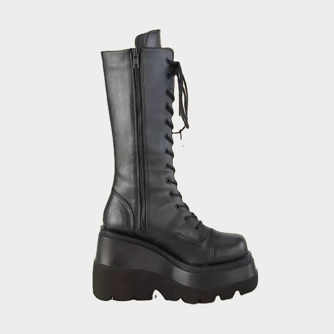 Black Vegan-Leather Mid-Calf Mid-Heel Platform Motorcycle Boots