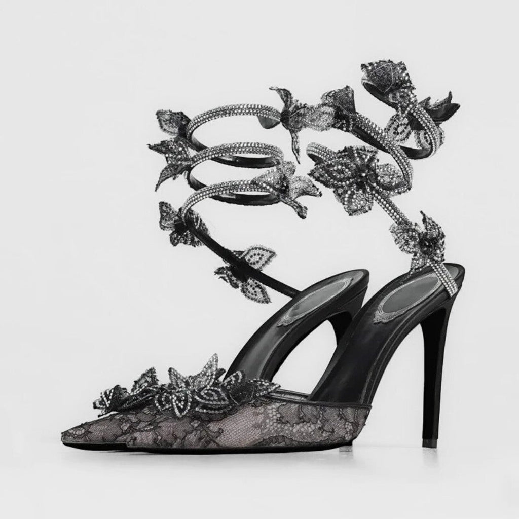 Black Lace Mesh Stiletto Pumps with Rhinestone Snake Coil and Floral Detailing