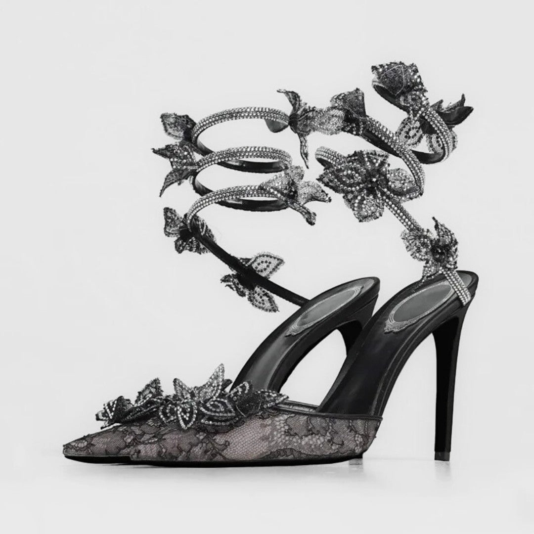 Black Lace Mesh Stiletto Pumps with Rhinestone Snake Coil and Floral Detailing