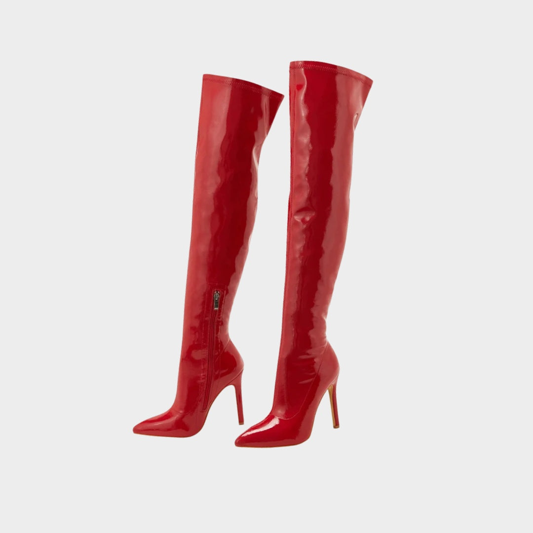 Patent Latex-Effect Finish Over-the-Knee Stiletto Boots with Pointed Toe