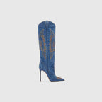 X (this is 2 diff products, long versions and short) Sexy Embroidered Denim Mid-Calf Boots with 12cm Heel