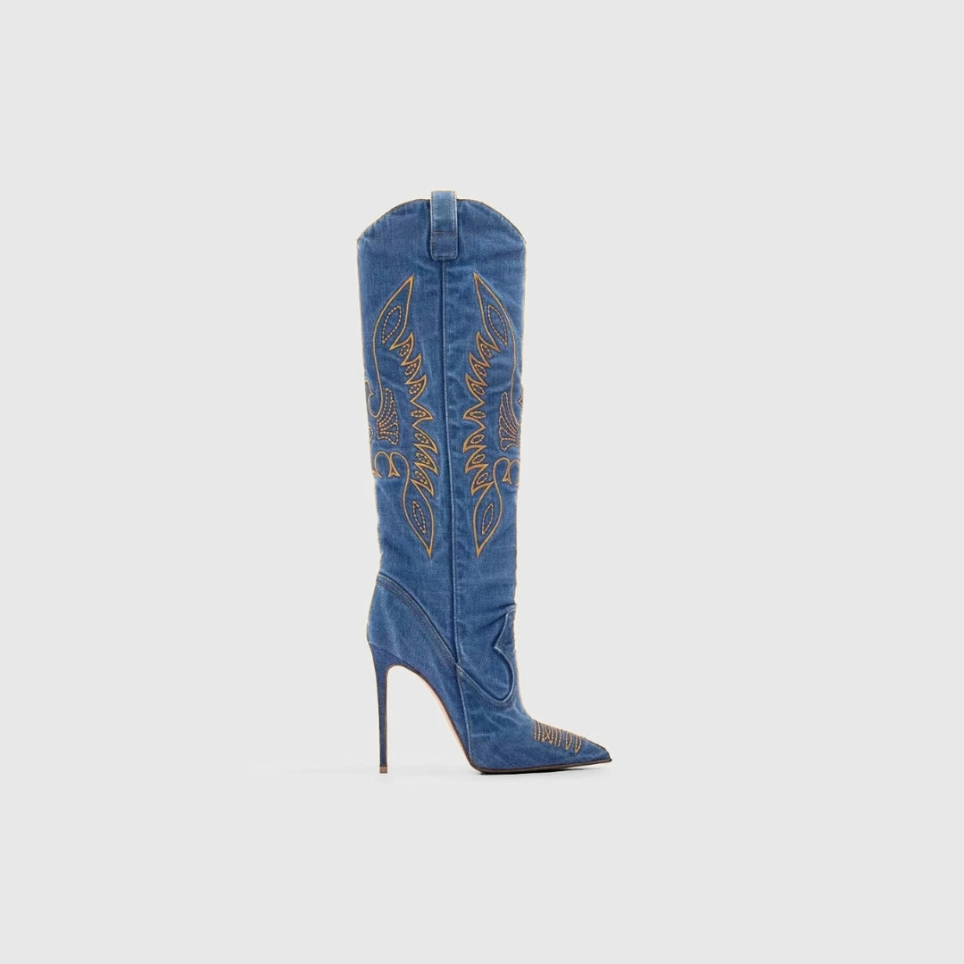 X (this is 2 diff products, long versions and short) Sexy Embroidered Denim Mid-Calf Boots with 12cm Heel