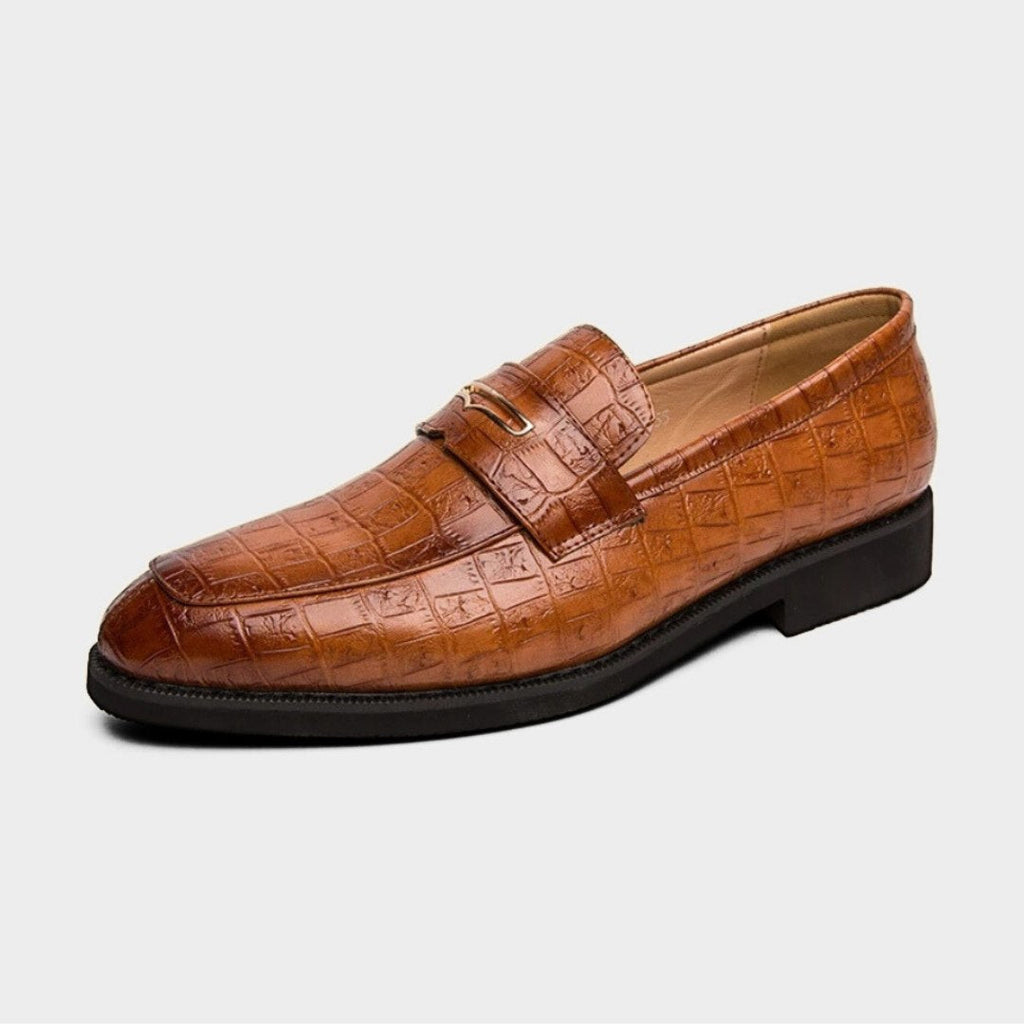 Crocodile-Embossed Leather Penny Loafers with Gold-Tone Strap Detail