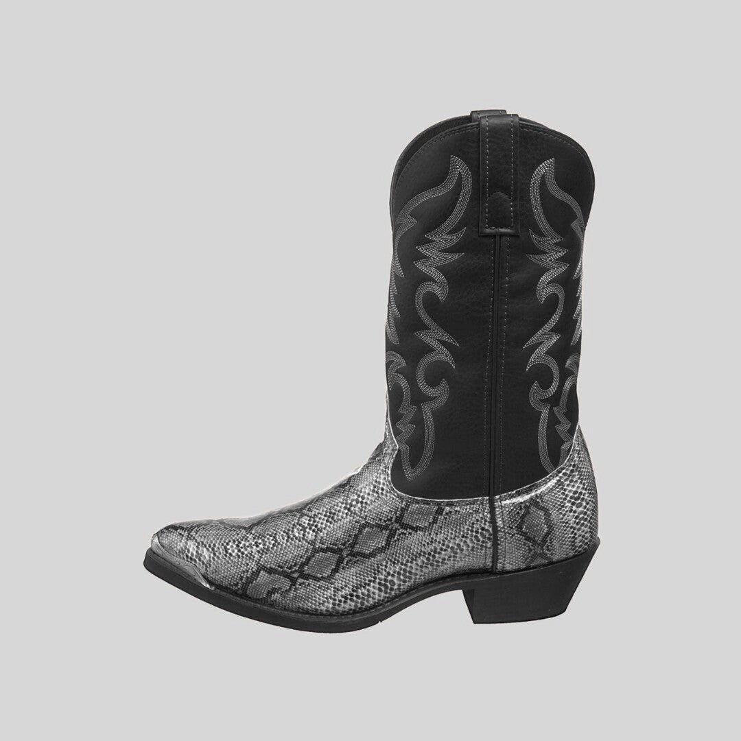 Western Cowboy Boots with Snakeskin Print and Embroidered Shaft