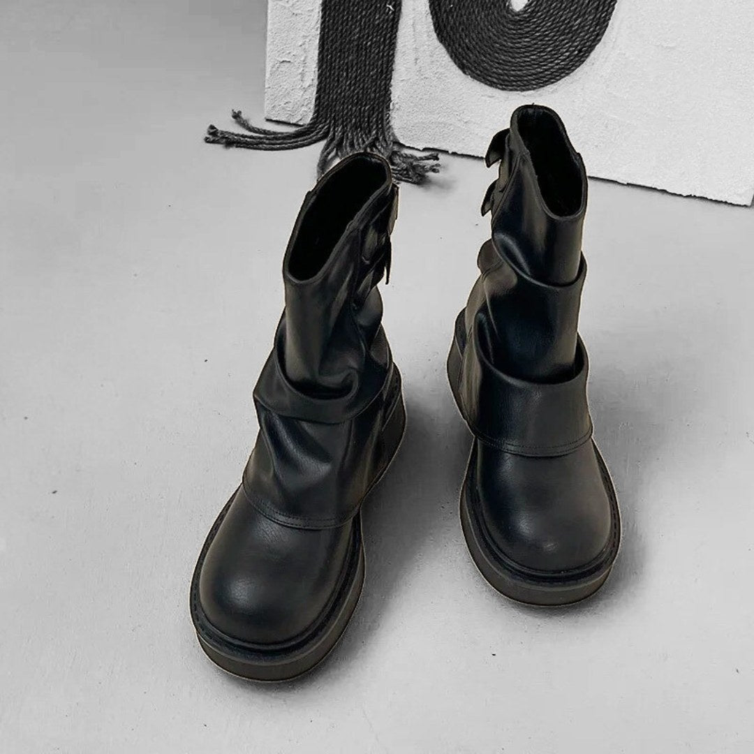Fold-Over Platform Leather Ankle Boots with Buckle Straps and Block Heel