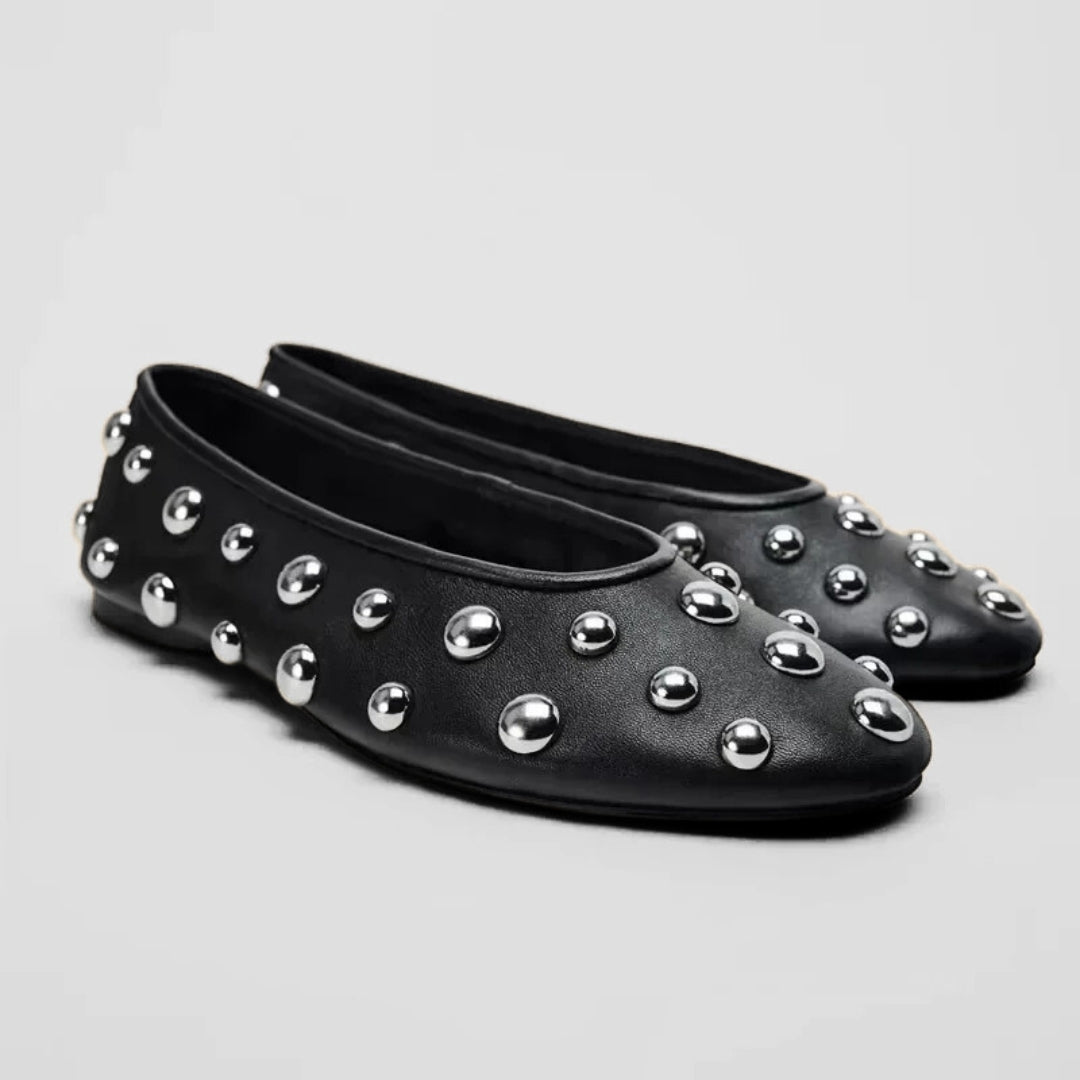 Black Ballet Flats With Silver Studded Detailing