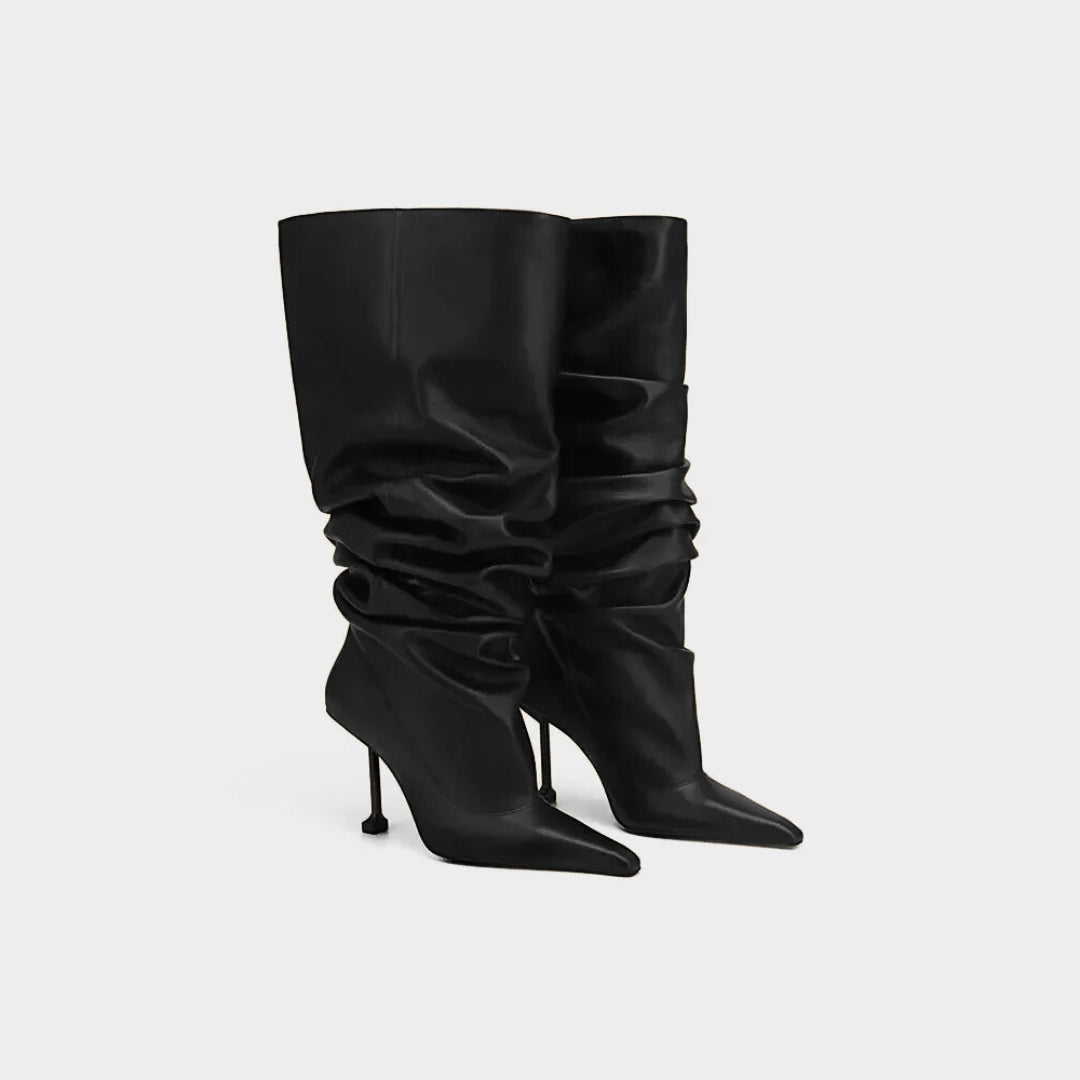 Wrinkled Patent Slouch Knee-High Stiletto Boots with Pointed Toe