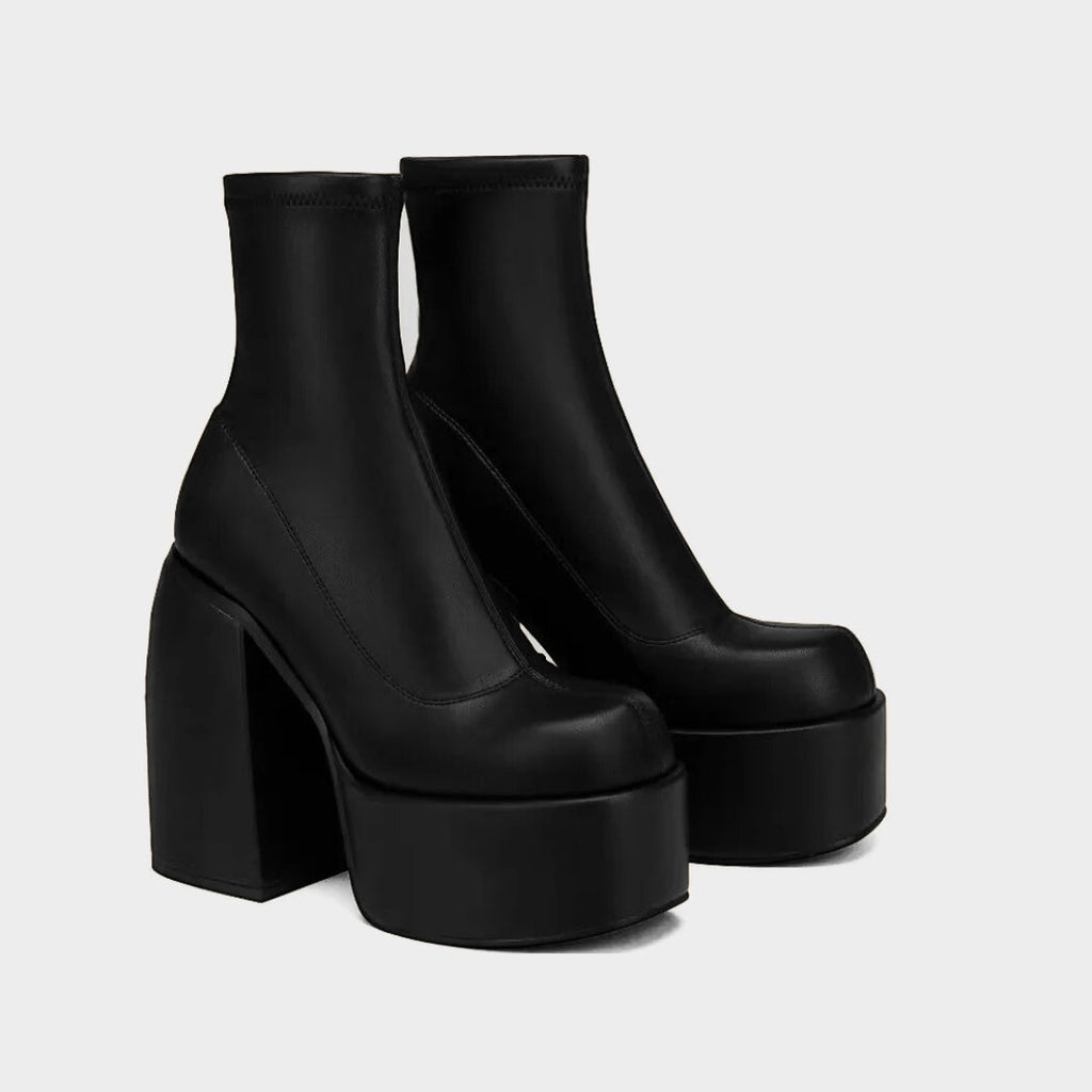 Platform Ankle Sock Boots With High Block Heel