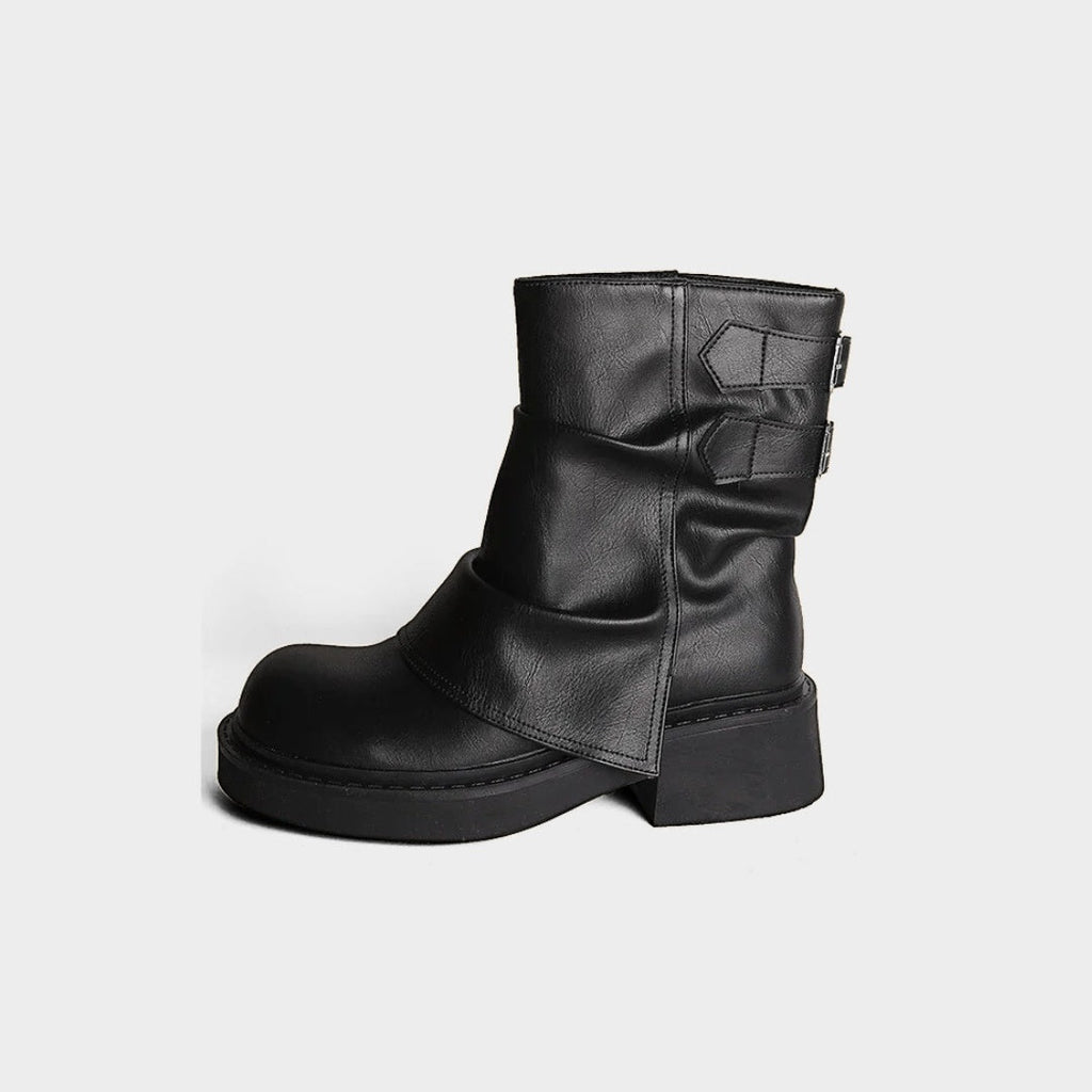 Fold-Over Platform Leather Ankle Boots with Buckle Straps and Block Heel