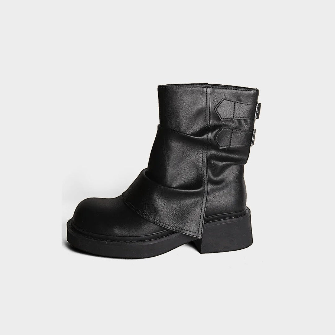 Fold-Over Platform Leather Ankle Boots with Buckle Straps and Block Heel