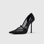 Black Mesh Mary Jane Stiletto Pumps with Rhinestone Buckle Strap