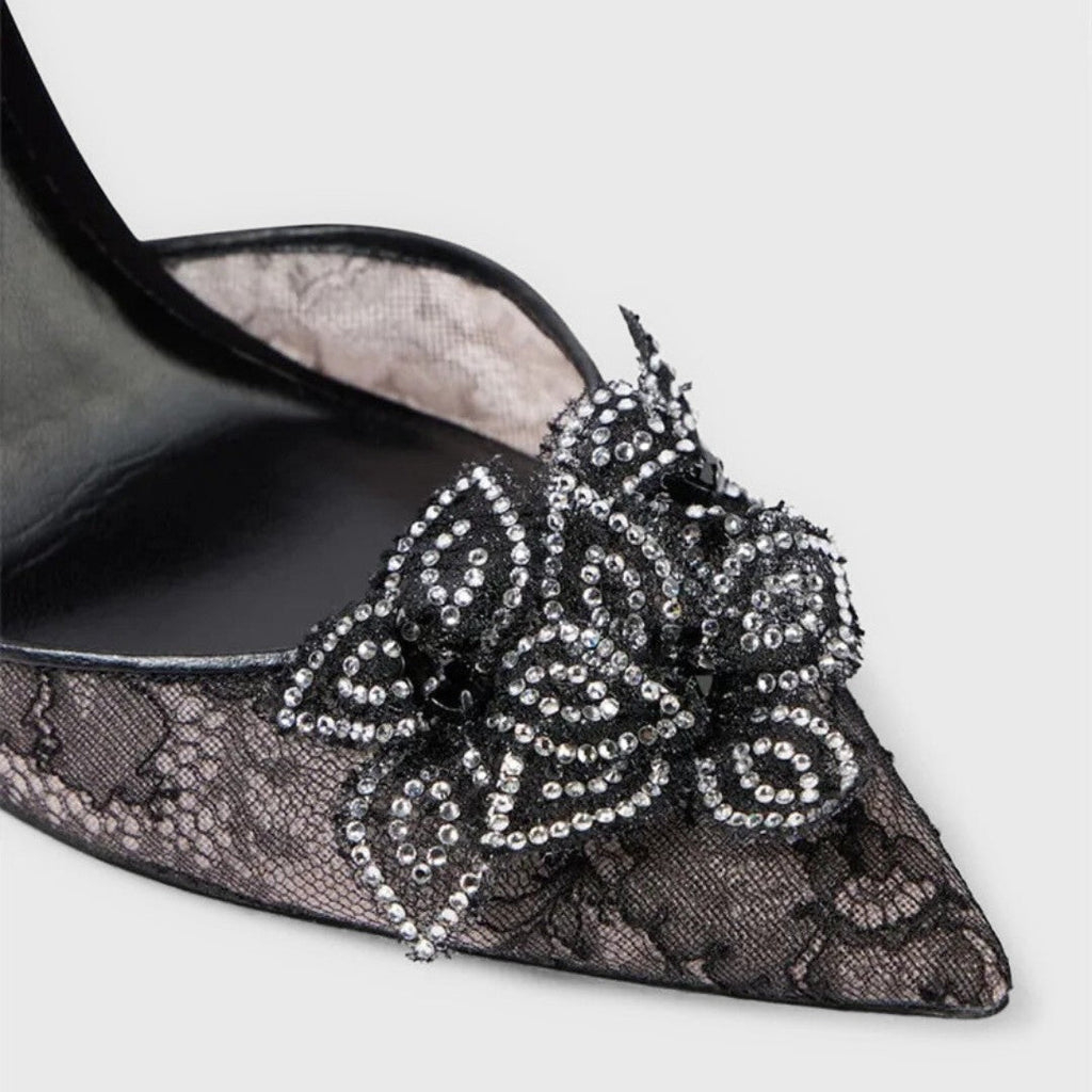 Black Lace Mesh Stiletto Pumps with Rhinestone Snake Coil and Floral Detailing