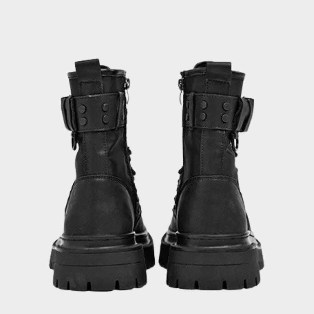 Black Leather Zip Lace Combat Ankle Boots with Chunky Sole and Buckle Detail