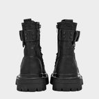 Black Leather Zip Lace Combat Ankle Boots with Chunky Sole and Buckle Detail