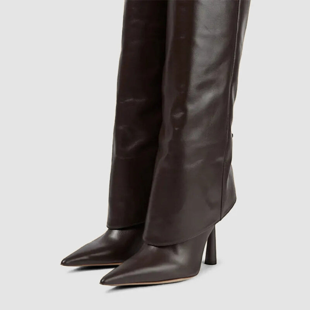 Wide-Fit Knee-High Leather Fold-Over Stilleto Boots with Pointed Toe