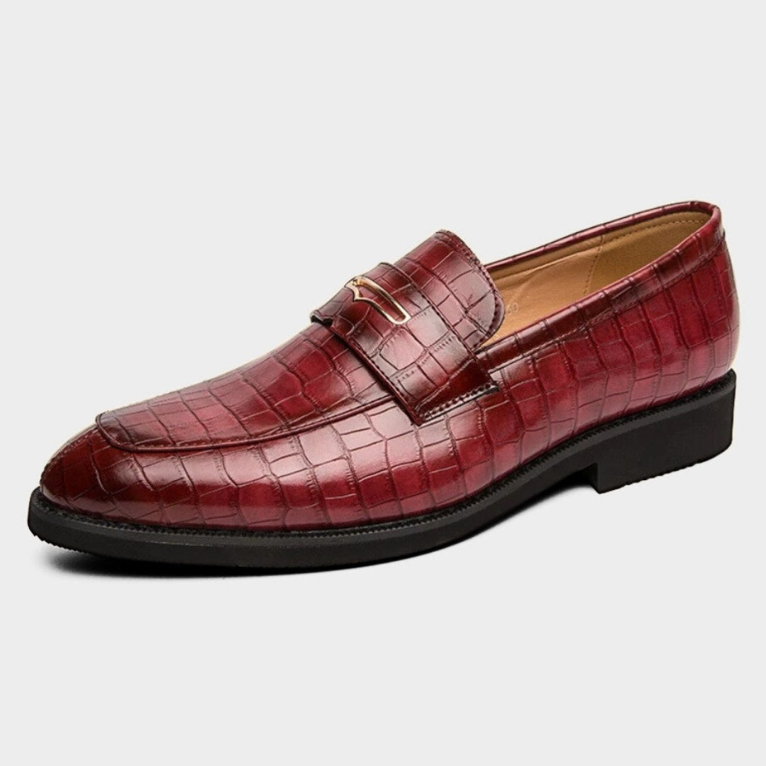 Crocodile-Embossed Leather Penny Loafers with Gold-Tone Strap Detail