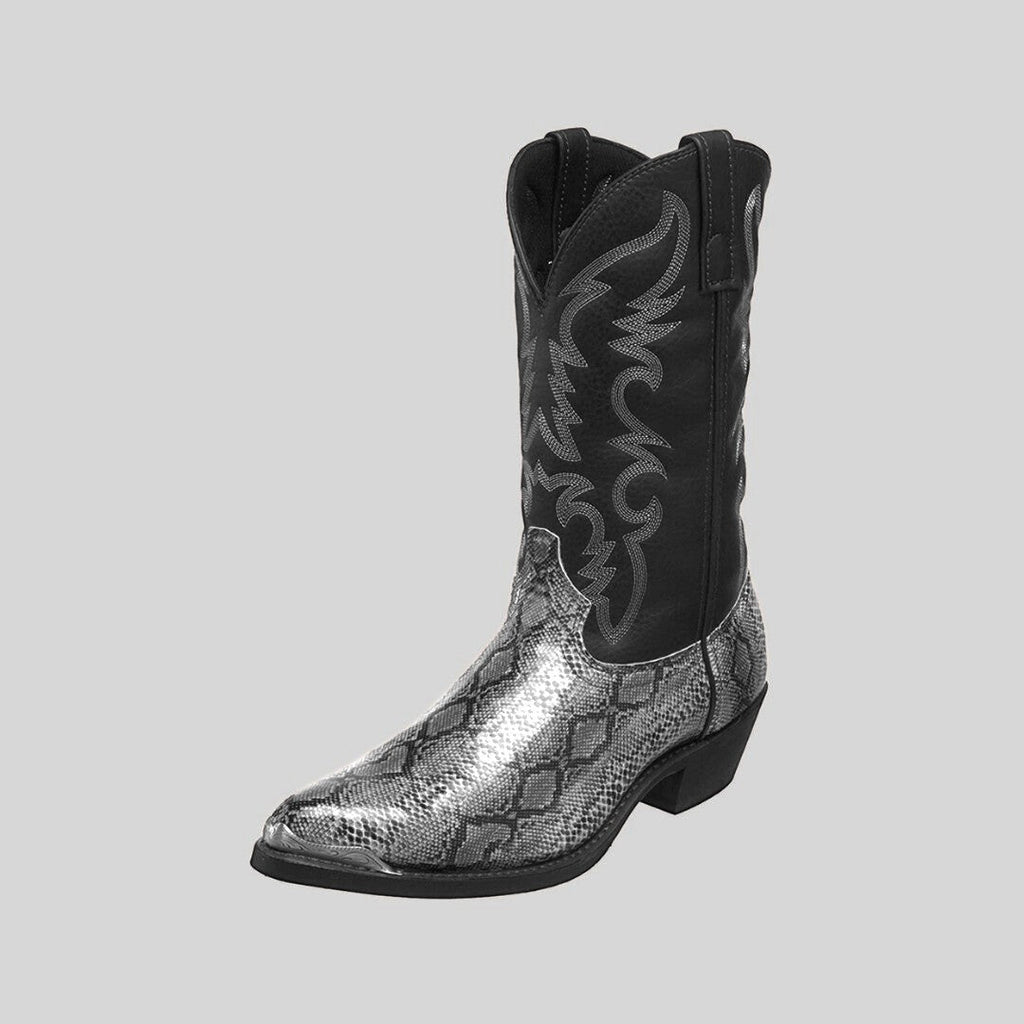 Western Cowboy Boots with Snakeskin Print and Embroidered Shaft