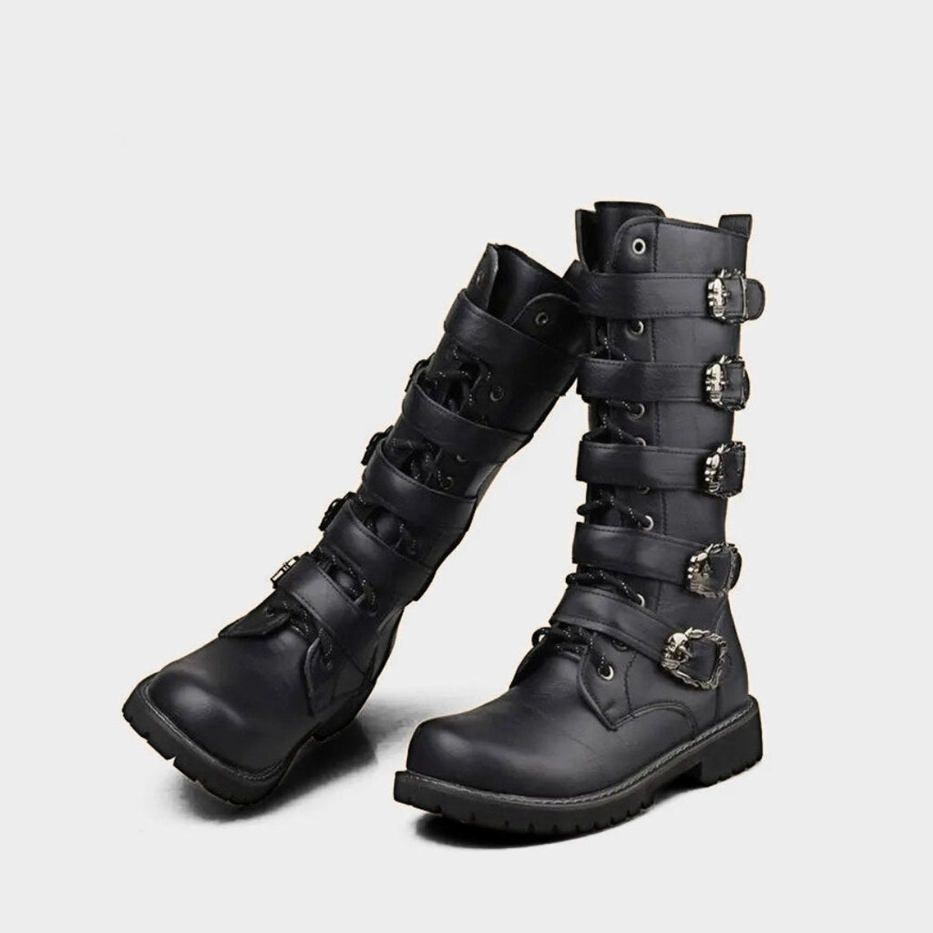 Classic Black Motorcycle Boots with Metallic Buckles