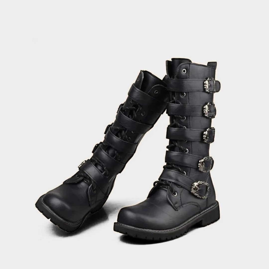 Classic Black Motorcycle Boots with Metallic Buckles