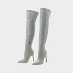 Patent Latex-Effect Finish Over-the-Knee Stiletto Boots with Pointed Toe