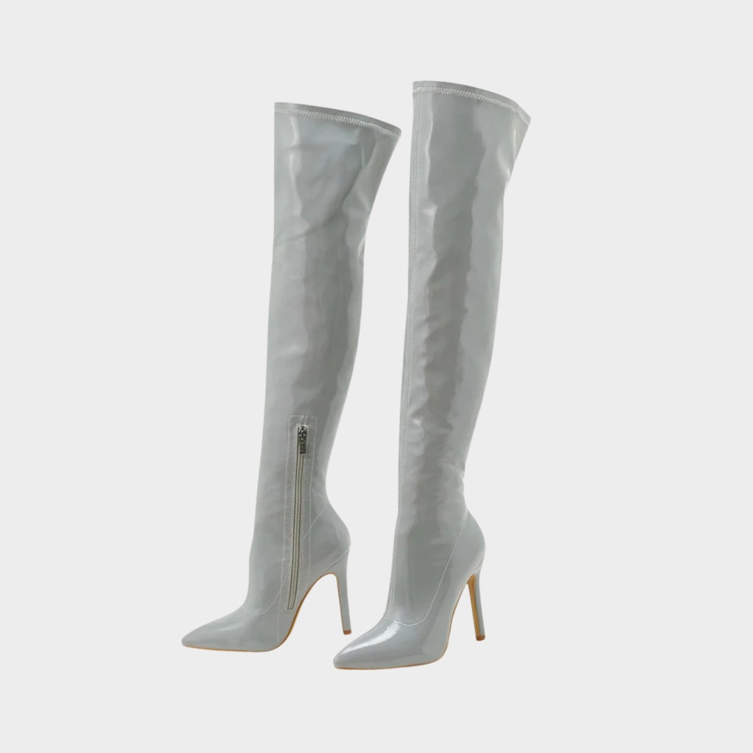 Patent Latex-Effect Finish Over-the-Knee Stiletto Boots with Pointed Toe