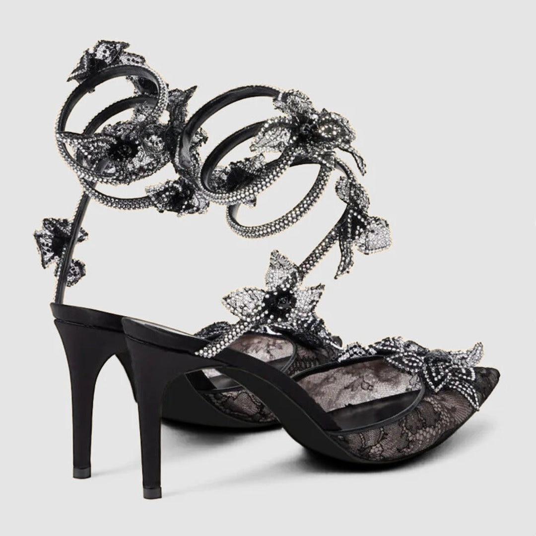 Black Lace Mesh Stiletto Pumps with Rhinestone Snake Coil and Floral Detailing