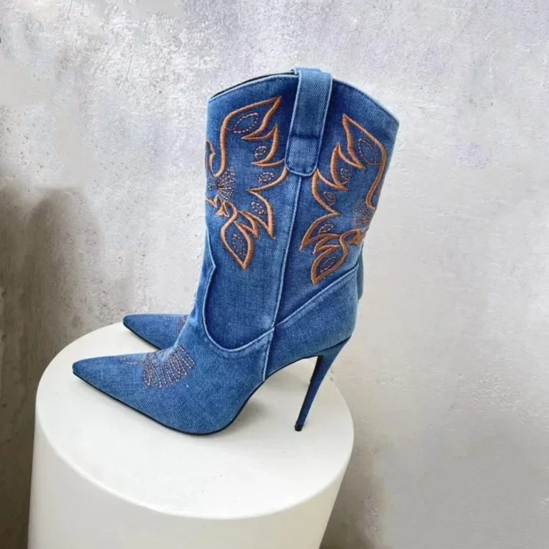 X (this is 2 diff products, long versions and short) Sexy Embroidered Denim Mid-Calf Boots with 12cm Heel