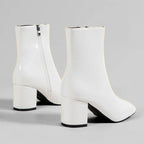 Minimalist Polished Ankle Boots with High Block Heel and Pointed Toe
