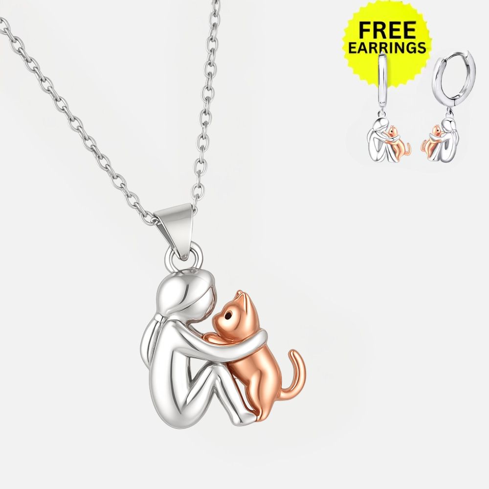 Cat Hug Pendant Necklace with Bonus Earrings