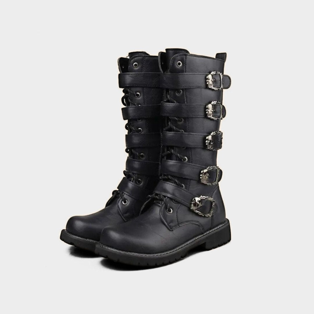 Classic Black Motorcycle Boots with Metallic Buckles