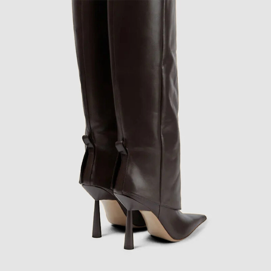 Wide-Fit Knee-High Leather Fold-Over Stilleto Boots with Pointed Toe