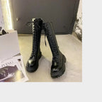 Platform Mid-Calf Chelsea Boots with Square Heel Black