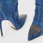 X (this is 2 diff products, long versions and short) Sexy Embroidered Denim Mid-Calf Boots with 12cm Heel