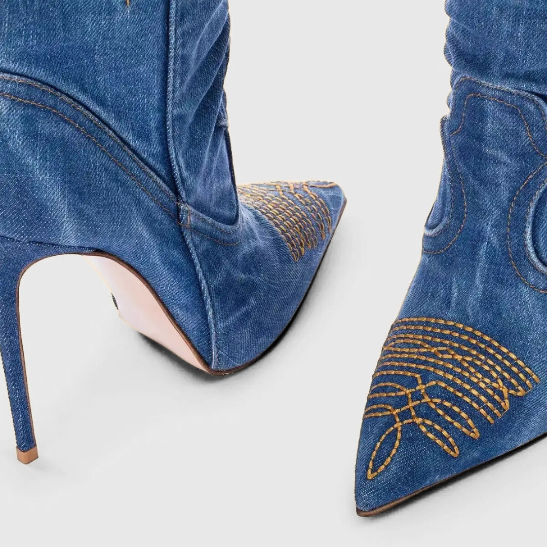 X (this is 2 diff products, long versions and short) Sexy Embroidered Denim Mid-Calf Boots with 12cm Heel