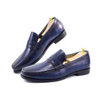 Dark-Blue Smooth Leather Formal Penny Moccasin Loafers with Low Stacked Heel