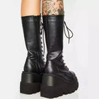 Black Vegan-Leather Mid-Calf Mid-Heel Platform Motorcycle Boots