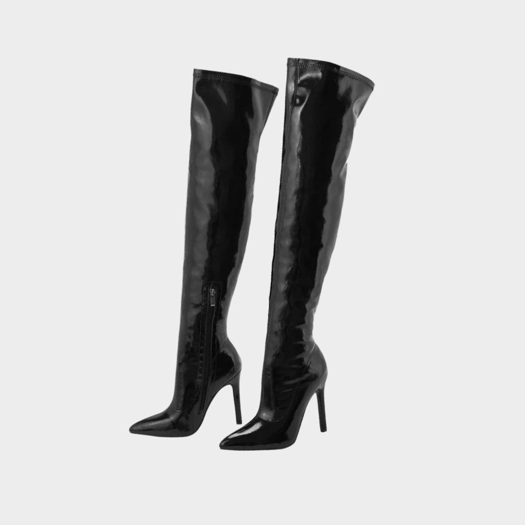 Patent Latex-Effect Finish Over-the-Knee Stiletto Boots with Pointed Toe