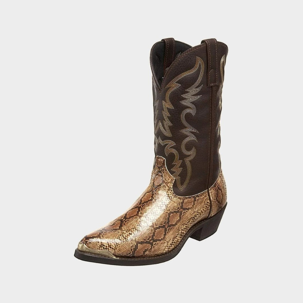 Western Cowboy Boots with Snakeskin Print and Embroidered Shaft