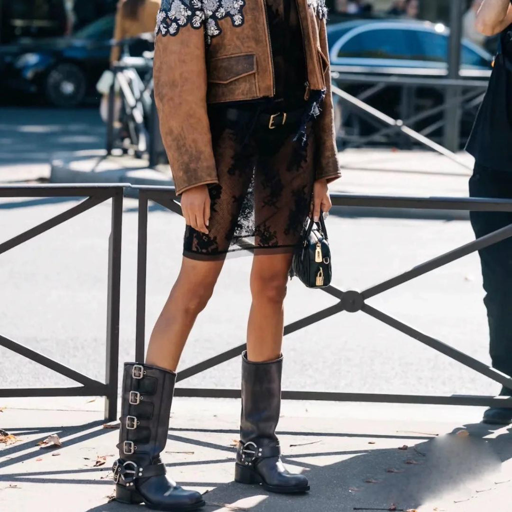 Leather Mid-Calf Buckle Harness Boots with Block Heel