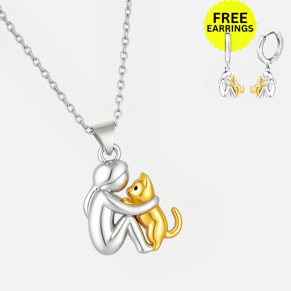 Cat Hug Pendant Necklace with Bonus Earrings