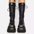 Black Vegan-Leather Mid-Calf Mid-Heel Platform Motorcycle Boots