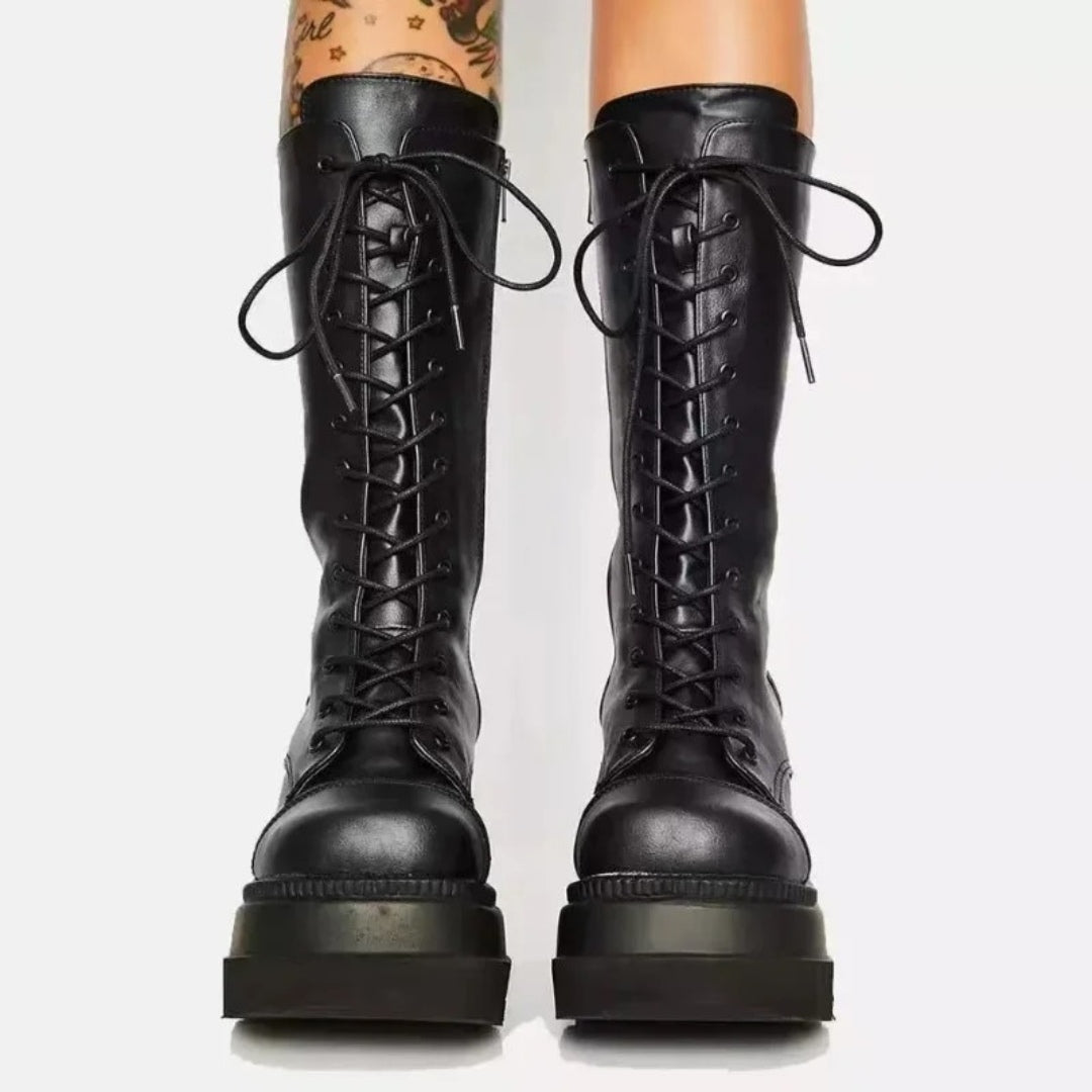 Black Vegan-Leather Mid-Calf Mid-Heel Platform Motorcycle Boots