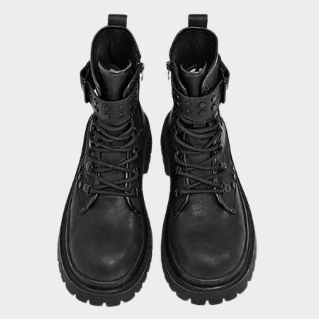 Black Leather Zip Lace Combat Ankle Boots with Chunky Sole and Buckle Detail