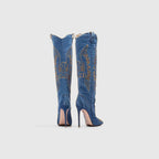 X (this is 2 diff products, long versions and short) Sexy Embroidered Denim Mid-Calf Boots with 12cm Heel