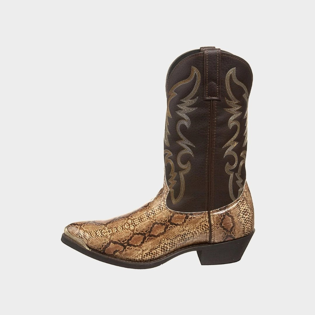 Western Cowboy Boots with Snakeskin Print and Embroidered Shaft