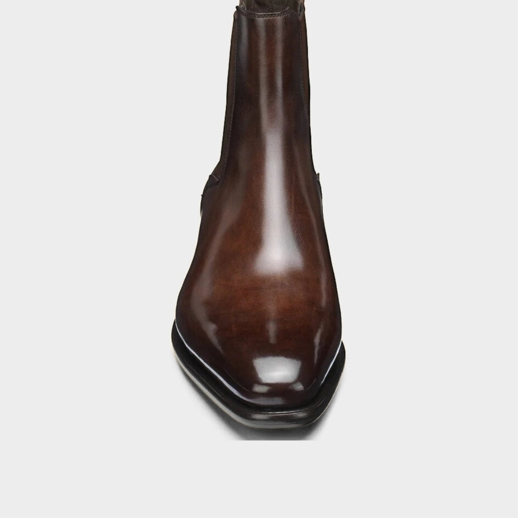 Brown Polished Leather Chelsea Ankle Boots with Almond Toe