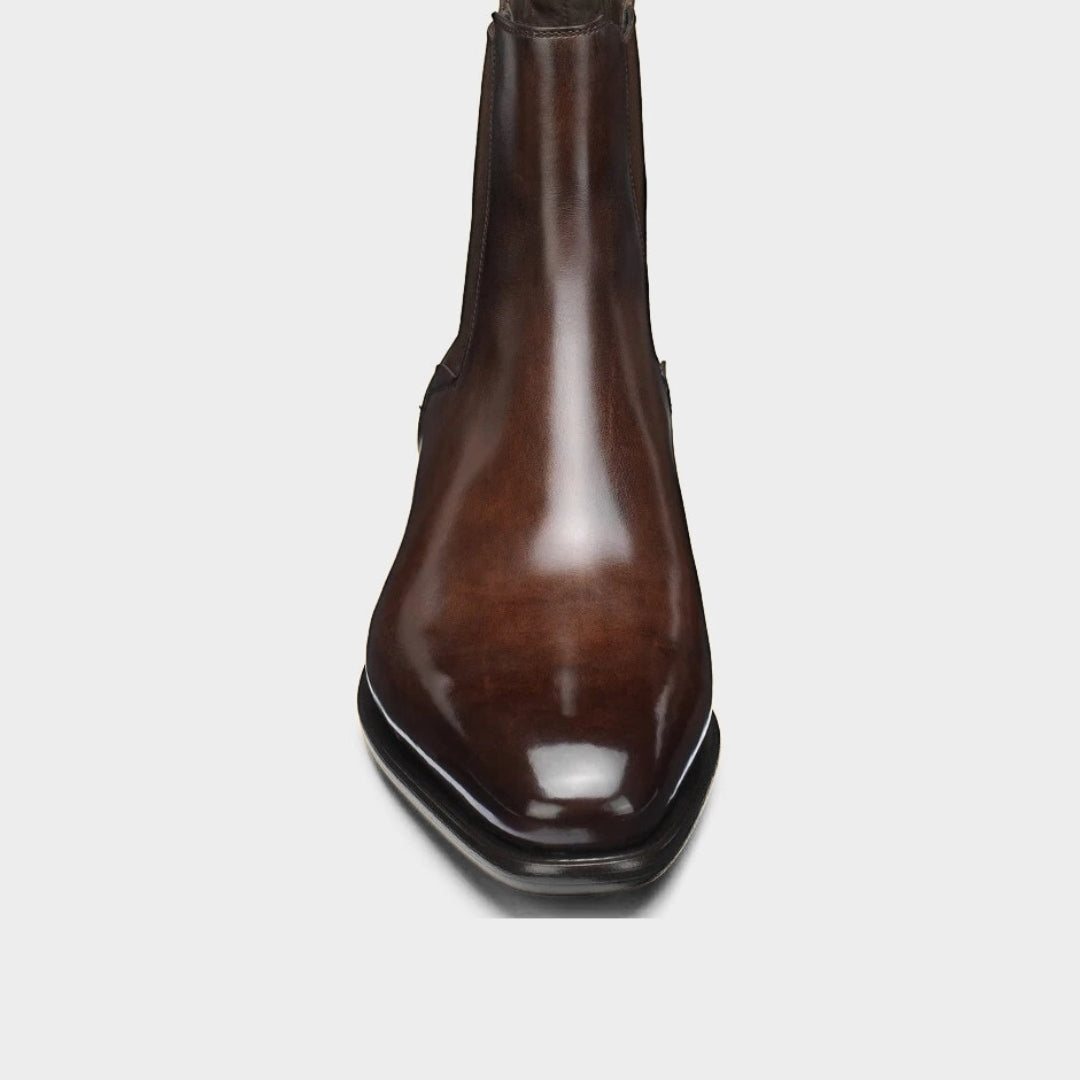 Brown Polished Leather Chelsea Ankle Boots with Almond Toe